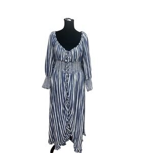 Anthropologie Blue White Striped Smocked Waist Button Front Midi Dress Large